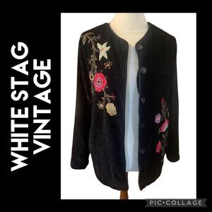 White Stag Vintage Embroidered Chenelle Long Sleeve Black Button Down Shacket Si